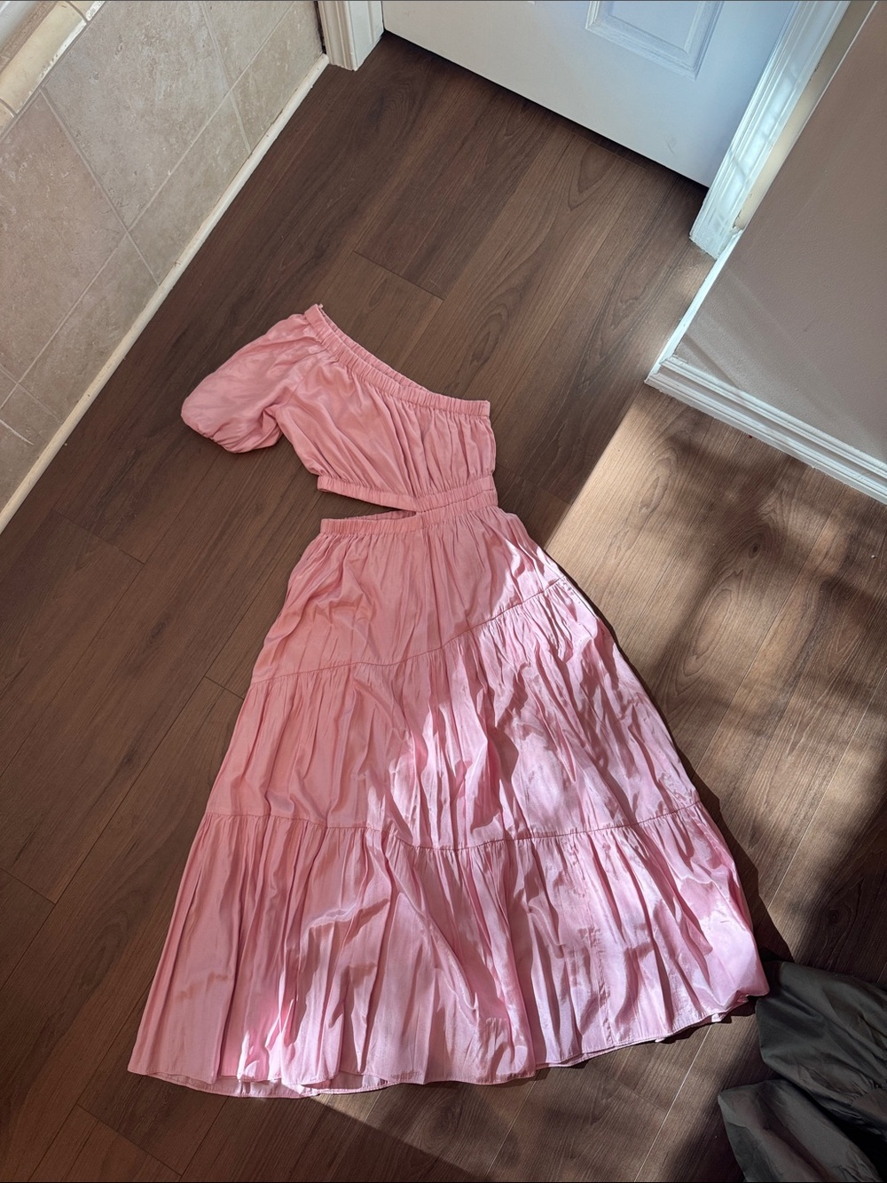 Moon River Pink One-Shoulder Tiered Maxi Dress